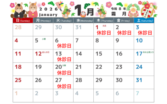 1月の診療日・休診日のお知らせ画像